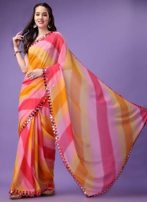 Garb These Party Wear Saree in Fine Colored.These Saree Are Georgette And Blouse is Jari Brocade Fabricated.Its Beautified With Lahriya Designer Printed,Mirror Lace Border.