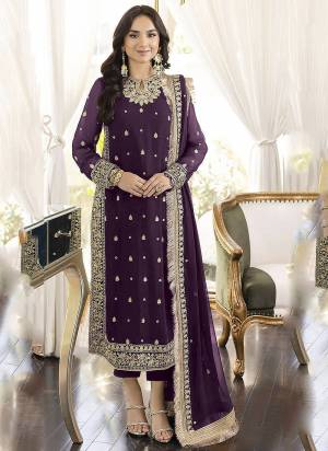 Purple colored pakistani suit is prettified with thread work as shown which makes it appear classy. This top is made of georgette fabric which is accompanied with santoon bottom, santoon lining and Georgette dupatta. Women can buy this suit to wear for their parties, functions and event.