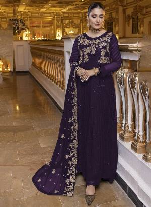 PURPLE colored pakistani suit is prettified with sequins and Embroidery work as shown which makes it appear classy. This top is made of georgette fabric which is accompanied with santoon bottom, santoon lining and Nazmin Chiffon dupatta. Women can buy this suit to wear for their parties, functions and event.