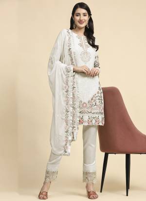 White Faux Georgette With Embroidery Straight Top, Shantoon Bottom, Nazmeen Dupatta