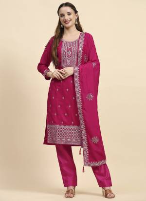 Pink Dola Silk With Semi Stitched Embroidery Work Straight top, Santoon Material Bottom, Dola Silk With Embroidery Work And FUar Side Lace Dupatta