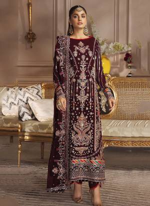 You will be the center of attention in this Maroon colored partywear pakistani suit. This Faux Georgette pakistani suit is beautifully adorned with designer Embroidery Work as shown which makes it appear graceful. This semi-stitched pakistani suit comes along with embroidered santoon bottom, Santoon Inner and embroidered georgette Dupatta. women can buy this ethnic suit to wear for their festivals, upcoming parties functions, receptions and family occasions, where you want to be the limelight. team it with ethnic accessories and heels to make your looks more beautiful. buy this suit and earn lots of compliments from on lookers.