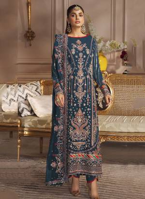 You will be the center of attention in this AquaBlue colored partywear pakistani suit. This Faux Georgette pakistani suit is beautifully adorned with designer Embroidery Work as shown which makes it appear graceful. This semi-stitched pakistani suit comes along with embroidered santoon bottom, Santoon Inner and embroidered georgette Dupatta. women can buy this ethnic suit to wear for their festivals, upcoming parties functions, receptions and family occasions, where you want to be the limelight. team it with ethnic accessories and heels to make your looks more beautiful. buy this suit and earn lots of compliments from on lookers.