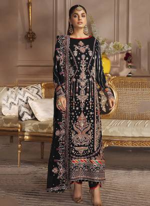 You will be the center of attention in this Black colored partywear pakistani suit. This Faux Georgette pakistani suit is beautifully adorned with designer Embroidery Work as shown which makes it appear graceful. This semi-stitched pakistani suit comes along with embroidered santoon bottom, Santoon Inner and embroidered georgette Dupatta. women can buy this ethnic suit to wear for their festivals, upcoming parties functions, receptions and family occasions, where you want to be the limelight. team it with ethnic accessories and heels to make your looks more beautiful. buy this suit and earn lots of compliments from on lookers.