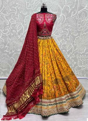 For A Fancy Designer Look,Grab These Lehenga Choli With Dupatta in Fine Colored.These Lehenga And Choli Are Silk And Dupatta Are Fabricated On Bandhani Pair.Its Beautified With Designer Printed, Embroidery Work Lace.