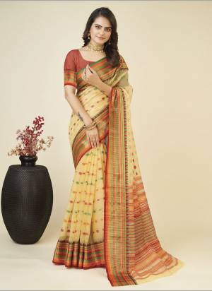 Attrective This Partywear Saree Paired With Blouse.This Saree And Blouse Are Soft Silk Based Fabric With Weaving Jari Designer. Buy This Pretty Saree Now.