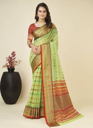 Attrective This Partywear Saree Paired With Blouse.This Saree And Blouse Are Soft Silk Based Fabric With Weaving Jari Designer. Buy This Pretty Saree Now.