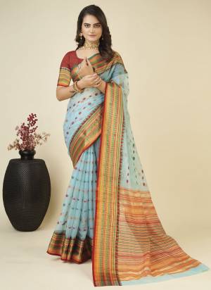 Attrective This Partywear Saree Paired With Blouse.This Saree And Blouse Are Soft Silk Based Fabric With Weaving Jari Designer. Buy This Pretty Saree Now.