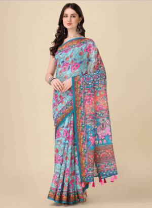 Attrective This Partywear Saree Paired With Blouse.This Saree And Blouse Are Linen Based Fabric With Weaving Jari Border,Designer Digital Printed. Buy This Pretty Saree Now.