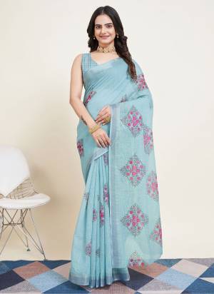 Looking This Partywear Saree Paired With Blouse.This Saree And Blouse Are Semi Cotton Based Fabric With Designer Printed. Buy This Pretty Saree Now.