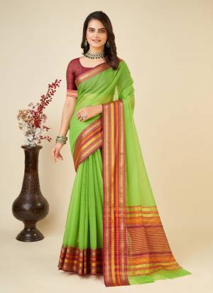 Attrective This Partywear Saree Paired With Blouse.This Saree And Blouse Are Kota Doriya Based Fabric With Weaving Designer. Buy This Pretty Saree Now.