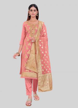 Looking These Designer Salwar Suit in Fine Colored Pair With Bottom And Dupatta.These Top Are Chanderi Silk And Dupatta Are Fabricated On Chandei Silk Pair With Santoon Bottom.Its Beautified With Wevon Jacquard Designr With Embroidery Work.