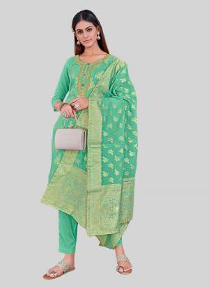 Looking These Designer Salwar Suit in Fine Colored Pair With Bottom And Dupatta.These Top Are Chanderi Silk And Dupatta Are Fabricated On Chandei Silk Pair With Santoon Bottom.Its Beautified With Wevon Jacquard Designr With Embroidery Work.