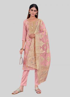 Looking These Designer Salwar Suit in Fine Colored Pair With Bottom And Dupatta.These Top Are Chanderi Silk And Dupatta Are Fabricated On Chandei Silk Pair With Santoon Bottom.Its Beautified With Wevon Jacquard Designr With Embroidery Work.