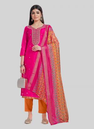 Looking These Designer Salwar Suit in Fine Colored Pair With Bottom And Dupatta.These Top Are Chanderi Silk And Dupatta Are Fabricated On Chandei Silk Pair With Santoon Bottom.Its Beautified With Designr Digital Printed With Embroidery Work.