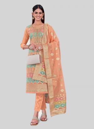 Garb These Designer Salwar Suit in Fine Colored Pair With Bottom And Dupatta.These Top Are Chanderi Silk And Dupatta Are Fabricated On Chandei Silk Pair With Santoon Bottom.Its Beautified With Wevon Jacquard Designer With Embroidery Work.