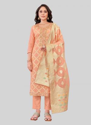 Garb These Designer Salwar Suit in Fine Colored Pair With Bottom And Dupatta.These Top Are Chanderi Silk And Dupatta Are Fabricated On Chandei Silk Pair With Santoon Bottom.Its Beautified With Wevon Jacquard Designer With Embroidery Work.