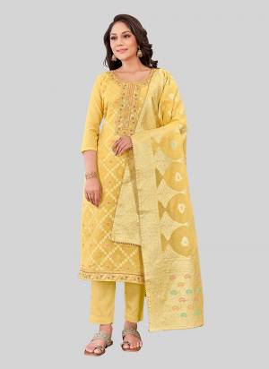 Garb These Designer Salwar Suit in Fine Colored Pair With Bottom And Dupatta.These Top Are Chanderi Silk And Dupatta Are Fabricated On Chandei Silk Pair With Santoon Bottom.Its Beautified With Wevon Jacquard Designer With Embroidery Work.