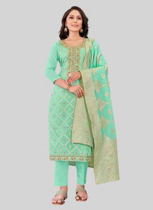 Garb These Designer Salwar Suit in Fine Colored Pair With Bottom And Dupatta.These Top Are Chanderi Silk And Dupatta Are Fabricated On Chandei Silk Pair With Santoon Bottom.Its Beautified With Wevon Jacquard Designer With Embroidery Work.