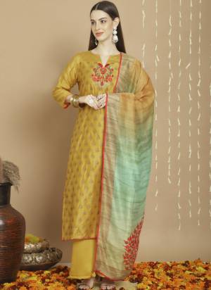 Attrective This Designer Long Length Suit In Lovely Color.Its Pretty Heavy Designer Embroidery Work Top Is Tusser Silk Based Paired With Silk Bottom And Blue Cherry Fabricated Dupatta Which Gives An Attractive To The Suit.