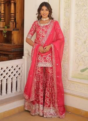 Garb These Beautiful Looking Party Wear Readymade Gharara Suits With Dupatta.These Top And Bottom is Fabricated On Viscose Jacquard And Russian Silk Dupatta.Its Beautified With Wevon Designer With Jari,Sequance Embroidery Work.