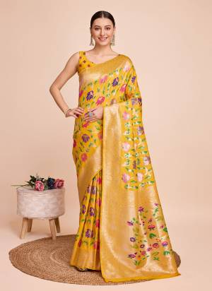 Attrective This Partywear Saree Paired With Blouse.This Saree And Blouse Are Paithani Silk Based Fabric With Weaving Meenakari Designer. Buy This Pretty Saree Now.