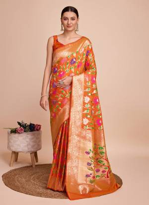 Attrective This Partywear Saree Paired With Blouse.This Saree And Blouse Are Paithani Silk Based Fabric With Weaving Meenakari Designer. Buy This Pretty Saree Now.