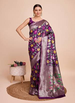 Attrective This Partywear Saree Paired With Blouse.This Saree And Blouse Are Paithani Silk Based Fabric With Weaving Meenakari Designer. Buy This Pretty Saree Now.