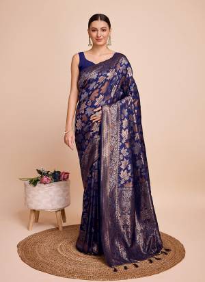 Garb This Partywear Saree Paired With Blouse.This Saree And Blouse Are Handloom Silk Based Fabric With Weaving Copper Jari Designer. Buy This Pretty Saree Now.