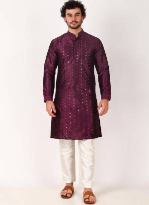 Garb These Designer Mens Wear Kurta With Bottom.Its Kurta And Bottom Are Art Silk Fabriced.Its Designer Mirror Embroidery Work.