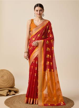 Garb This Partywear Saree Paired With Blouse.This Saree And Blouse Are Cotton Silk Based Fabric With Weaving Designer. Buy This Pretty Saree Now.