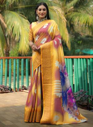 Looking These Party Wear Saree in Fine Colored.These Saree And Blouse is Fabricated On Dola Silk.Its Beautified With Wevon Jari Designer With Flower Digital Printed.