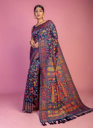 Looking These Party Wear Saree in Fine Colored.These Saree And Blouse is Fabricated On Kashmiri Pashmina.Its Beautified With Handloom Weaving Designer.