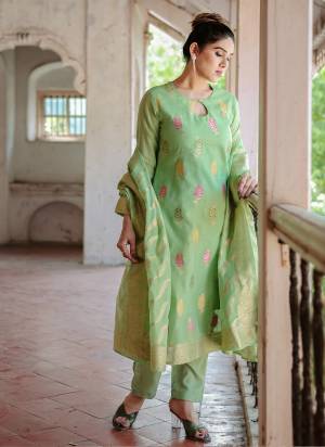 Attrective These Beautiful Looking Partywear Readymade Suits.These Top Are Chanderi Cotton And Bottom Are Crape Silk And Dupatta Are Chanderi Fabricated.Its Beautified With Wevon Disigner.