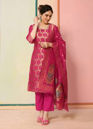 Attrective These Beautiful Looking Partywear Readymade Suits.These Top Are Chanderi And Bottom Are Chanderi And Dupatta Are Chanderi Fabricated.Its Beautified With Wevon Jacquard Disigner.