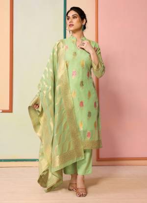 Attrective These Beautiful Looking Partywear Readymade Suits.These Top Are Chanderi And Bottom Are Chanderi And Dupatta Are Chanderi Fabricated.Its Beautified With Wevon Jacquard Disigner.