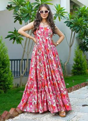 Attrective Looking These Ceremonial Wear Anarkali Length Gown Are Fabricated On Rayon Fabric. It is Beautified With Designer Digital Printed.