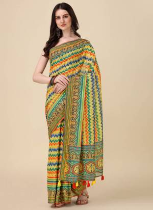 Beautiful Designer Digital Ethnic Motif Print Linen Fabric Partywear Saree. Saree Is Designed With Crochet Lining Work In Body And Beautiful Multi Coloured Tussule Work At Pallu Side. Grab This Festive Wear Saree.