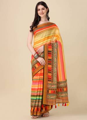 Beautiful Designer Digital Ethnic Motif Print Linen Fabric Partywear Saree. Saree Is Designed With Crochet Lining Work In Body And Beautiful Multi Coloured Tussule Work At Pallu Side. Grab This Festive Wear Saree.