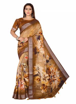 Beautiful Designer Digital Ethnic Motif Print Linen Fabric Partywear Saree. Saree Is Designed With Zari Patta Work On Bordar And Beautiful Multi Coloured Tussule Work At Pallu Side. Grab This Festive Wear Saree.