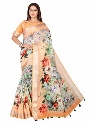 Beautiful Designer Digital Ethnic Motif Print Linen Fabric Partywear Saree. Saree Is Designed With Zari Patta Work On Bordar And Beautiful Multi Coloured Tussule Work At Pallu Side. Grab This Festive Wear Saree.