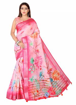 Beautiful Designer Digital Ethnic Motif Print Linen Fabric Partywear Saree. Saree Is Designed With Zari Patta Work On Bordar And Beautiful Multi Coloured Tussule Work At Pallu Side. Grab This Festive Wear Saree.