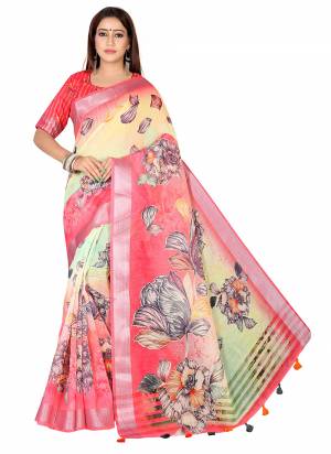 Beautiful Designer Digital Ethnic Motif Print Linen Fabric Partywear Saree. Saree Is Designed With Zari Patta Work On Bordar And Beautiful Multi Coloured Tussule Work At Pallu Side. Grab This Festive Wear Saree.