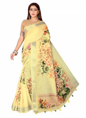 Beautiful Designer Digital Ethnic Motif Print Linen Fabric Partywear Saree. Saree Is Designed With Zari Patta Work On Bordar And Beautiful Multi Coloured Tussule Work At Pallu Side. Grab This Festive Wear Saree.