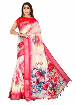 Beautiful Designer Digital Ethnic Motif Print Linen Fabric Partywear Saree. Saree Is Designed With Zari Patta Work On Bordar And Beautiful Multi Coloured Tussule Work At Pallu Side. Grab This Festive Wear Saree.