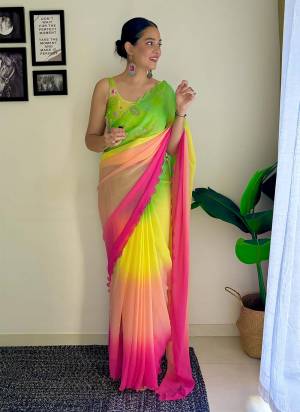 Grab This Beautiful Padding Colour Saree With Fancy Arco Border Work And Heavy Embroidery Sequins Work Blouse Fabricated On Faux Georgette Fabric For Elegant Party Looks. Have This Bollywood Style Saree For Glamorous Feels