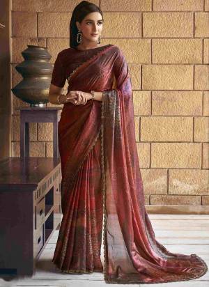 Beautifully Crafted Smart Hand work with Floral print Saree For The Real Fashion Seekers. This Saree Is Fabricated On Satin Silk Fabric With Festive Brown Color For Glamorous Looks.