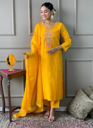 Attrective Looking These Beautiful Looking Readymade Suits.These Top And Bottom Are Viscose Chanderi And Dupatta Chinon Fabricated.Its Beautified With Designer Embroidery Work.