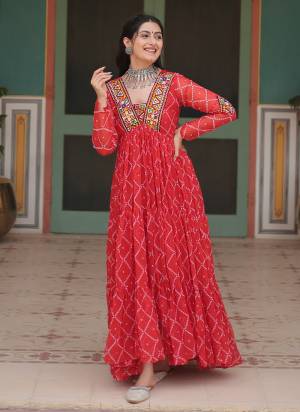 Attrective Looking These Beautiful Looking Readymade Long Gown.These Gown is Fabricated On Faux Georgette.Its Beautified With Designer Bandhani Printed With Kutchi Patch Work.