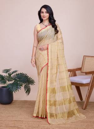 Garb This Partywear Saree Paired With Blouse.This Saree And Blouse Are Kota Doriya Based Fabric With Weaving Jari Designer. Buy This Pretty Saree Now.